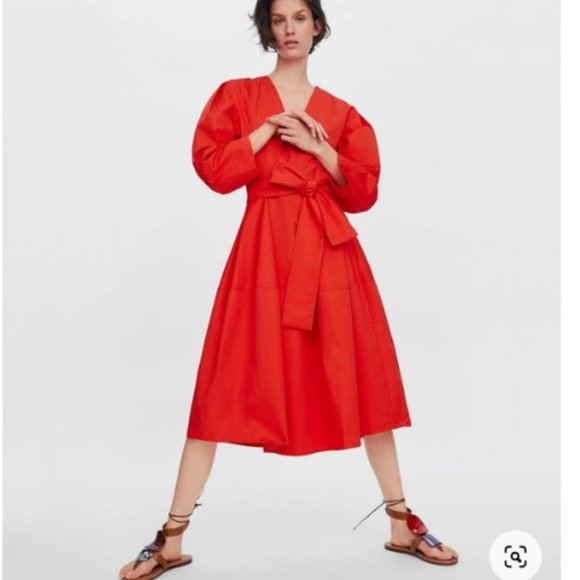 Dresses & Skirts - Red Midi Wrap Dress with Balloon Sleeves